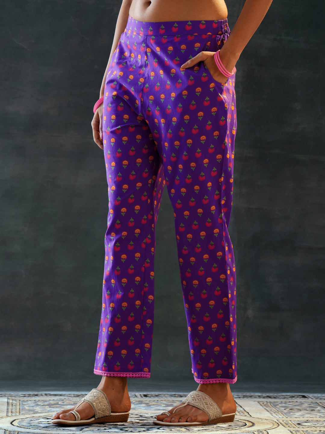 Purple Printed Cotton Straight Suit Set With Dupatta