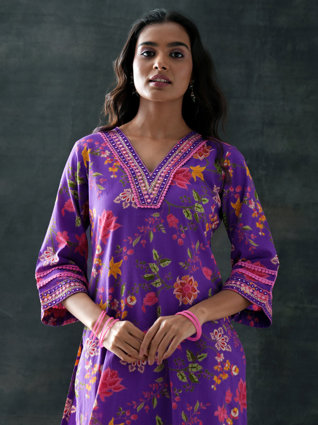 Purple Printed Cotton Straight Suit Set With Dupatta