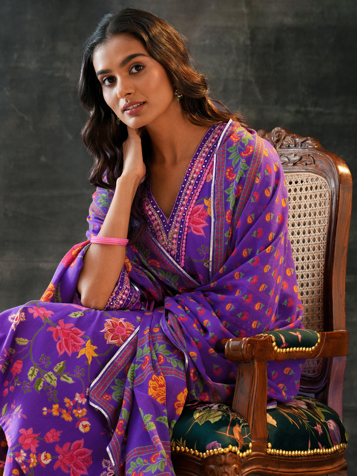 Purple Printed Cotton Straight Suit Set With Dupatta