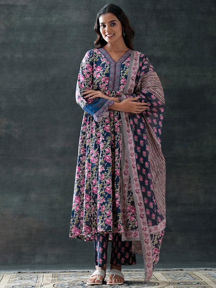 Blue Printed Cotton Anarkali Suit Set With Dupatta