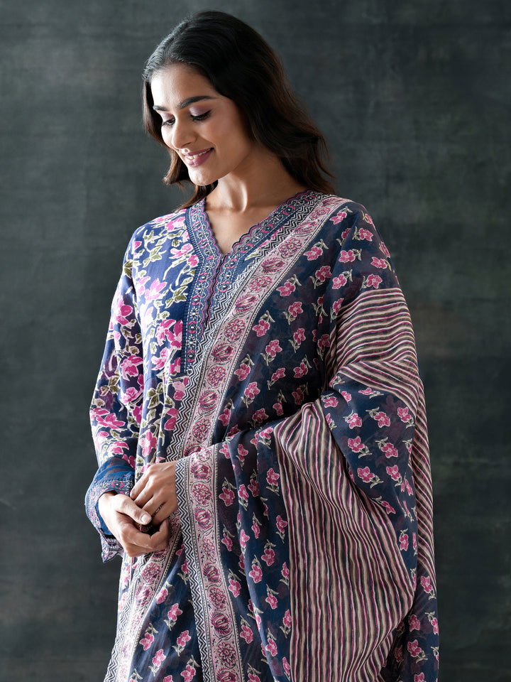 Blue Printed Cotton Anarkali Suit Set With Dupatta