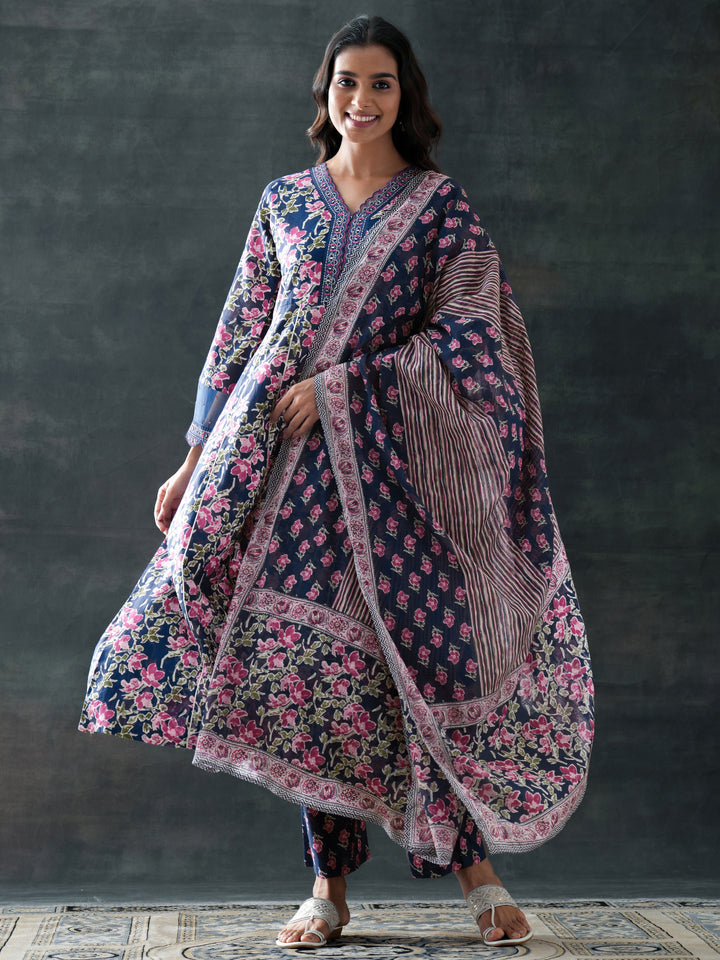 Blue Printed Cotton Anarkali Suit Set With Dupatta