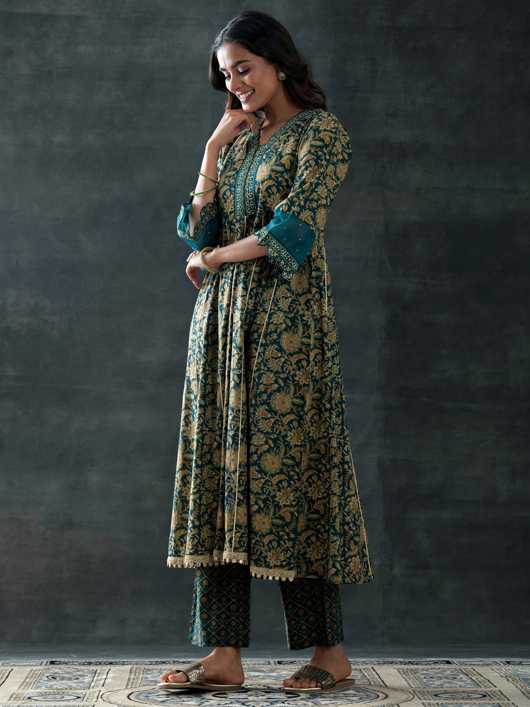 Green Printed Cotton Anarkali Suit Set With Dupatta