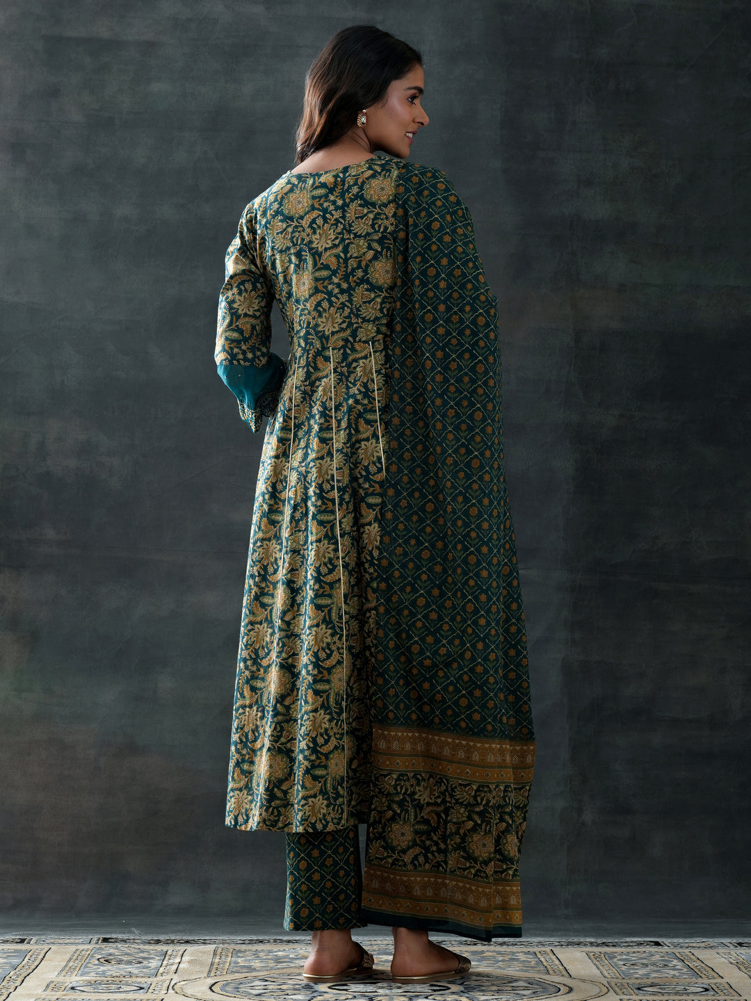 Green Printed Cotton Anarkali Suit Set With Dupatta