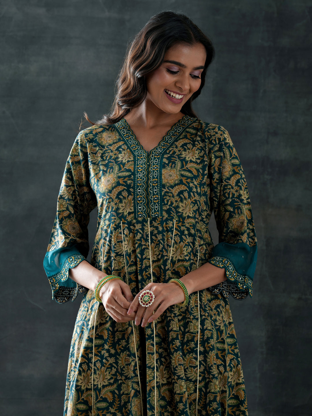 Green Printed Cotton Anarkali Suit Set With Dupatta