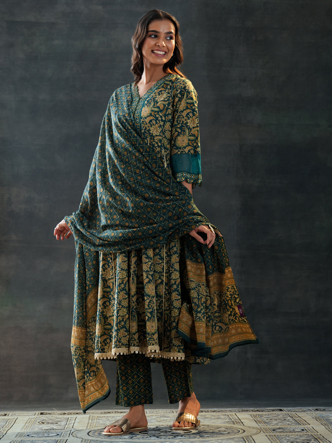 Green Printed Cotton Anarkali Suit Set With Dupatta