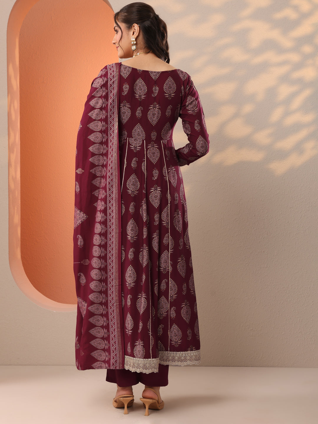 Maroon Printed Silk Blend Anarkali Suit Set With Dupatta