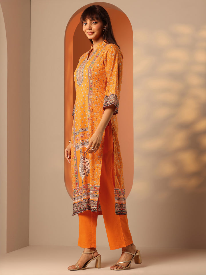 Orange Printed Cotton Straight Suit Set With Dupatta