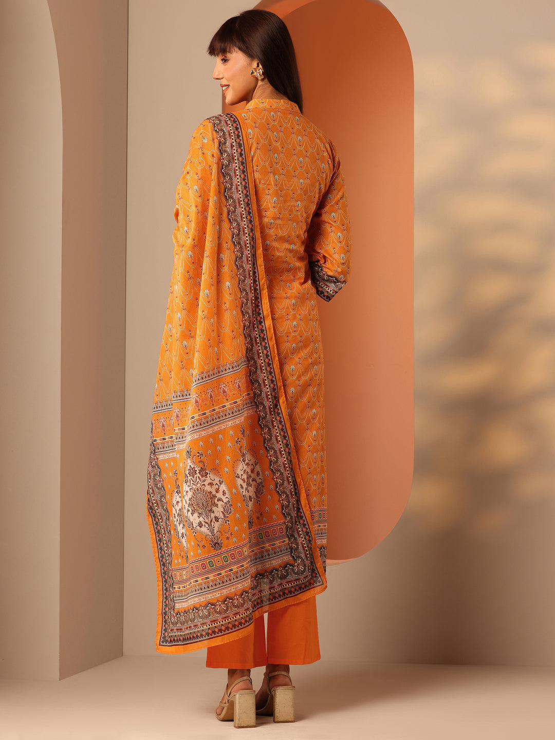 Orange Printed Cotton Straight Suit Set With Dupatta