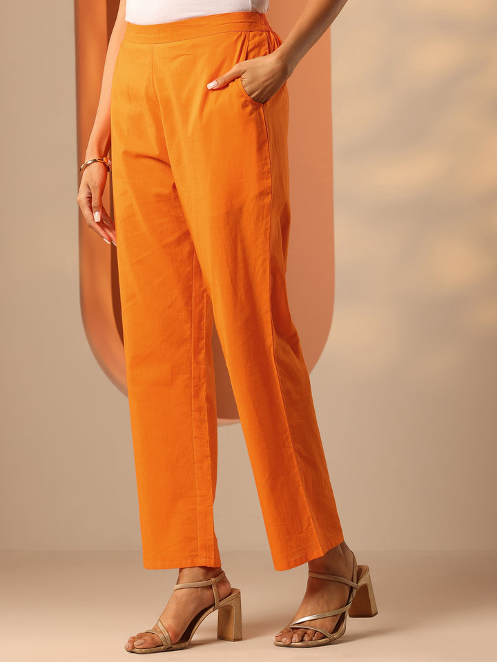 Orange Printed Cotton Straight Suit Set With Dupatta