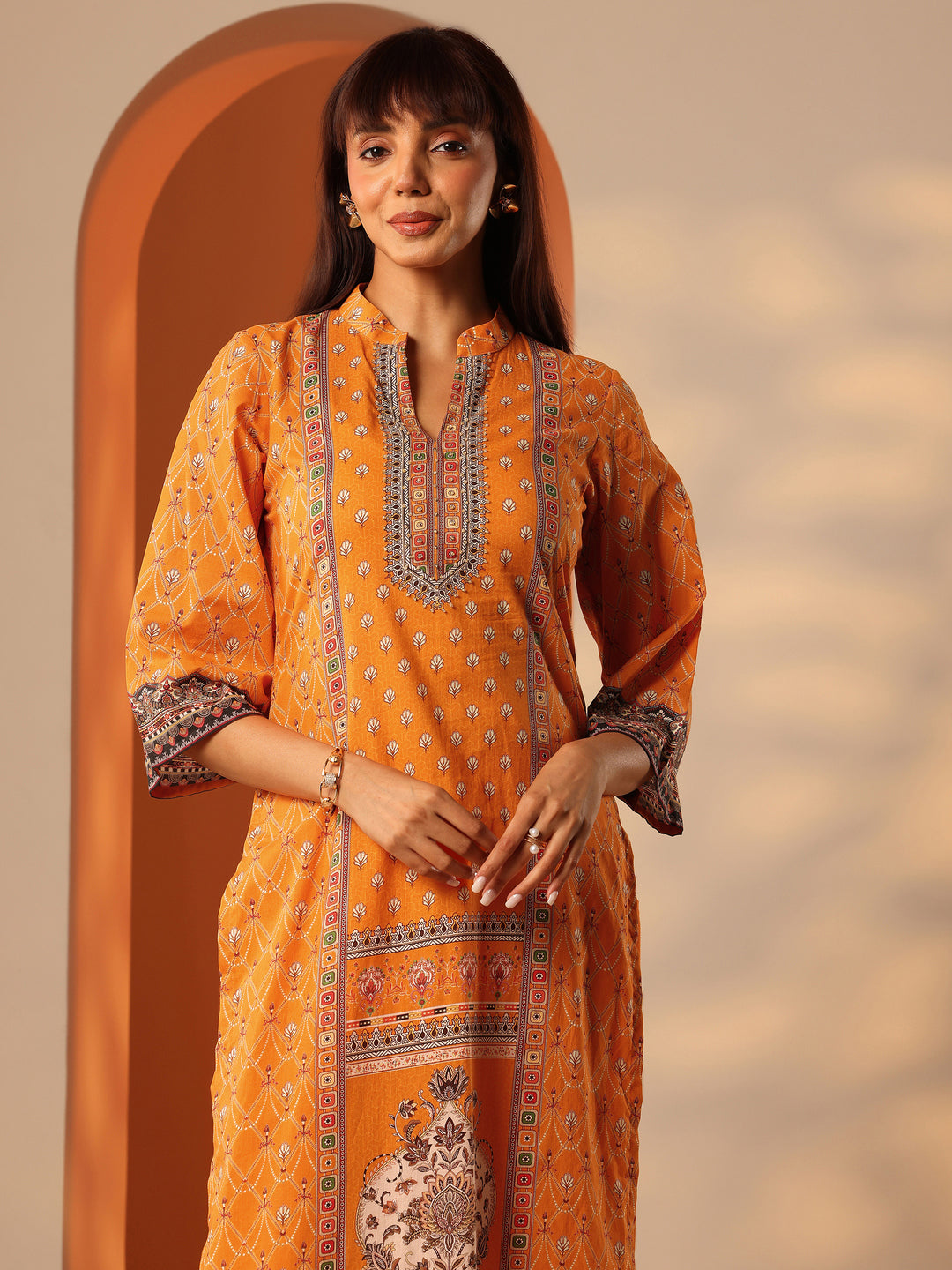 Orange Printed Cotton Straight Suit Set With Dupatta