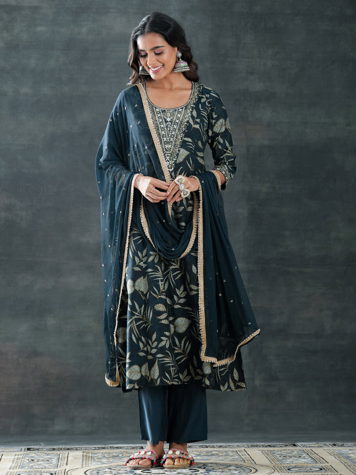Grey Printed Silk Blend A-Line Suit Set With Dupatta