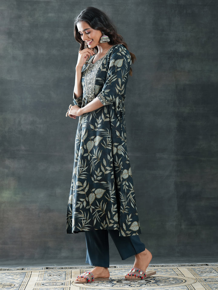 Grey Printed Silk Blend A-Line Suit Set With Dupatta