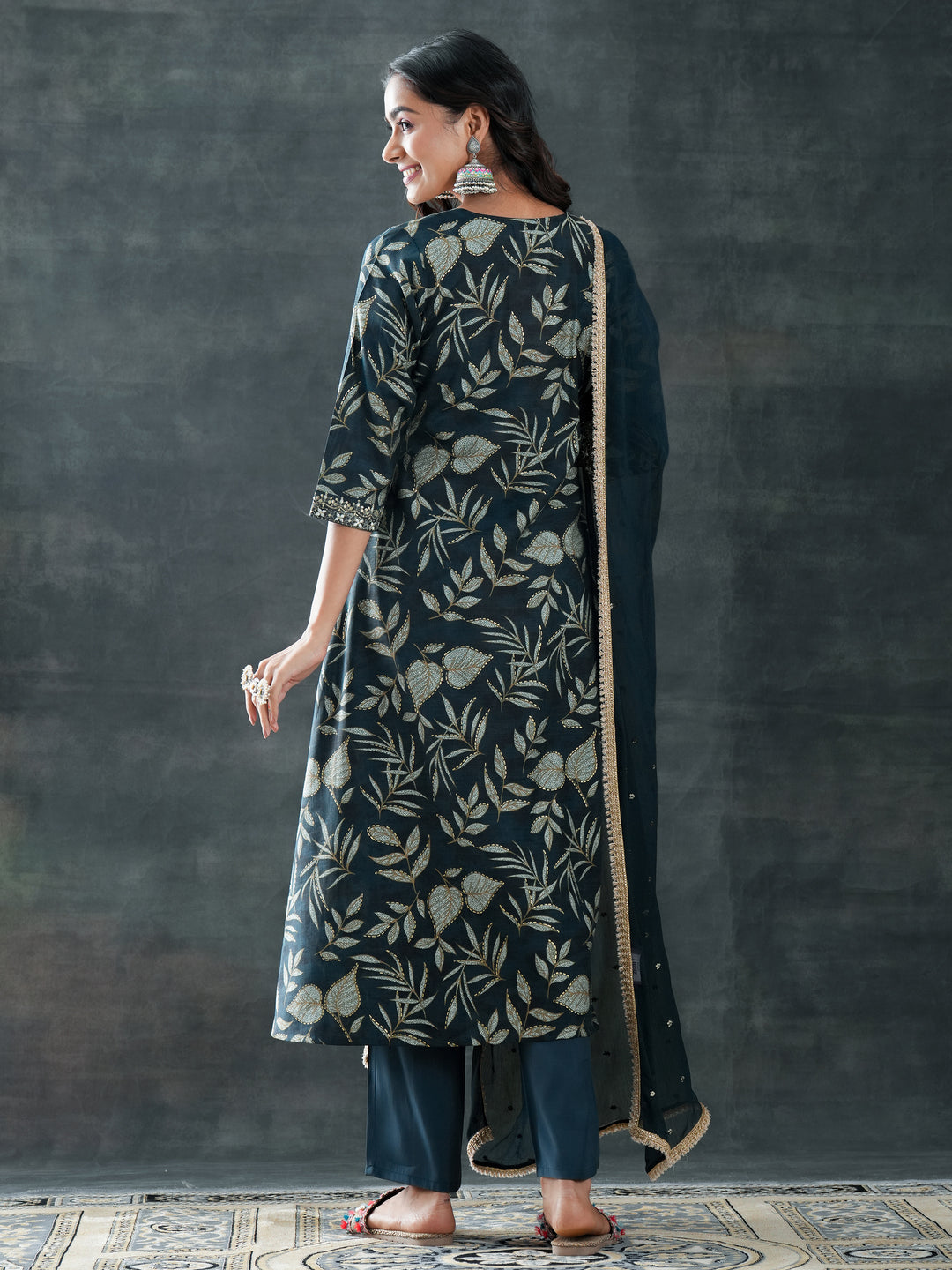 Grey Printed Silk Blend A-Line Suit Set With Dupatta