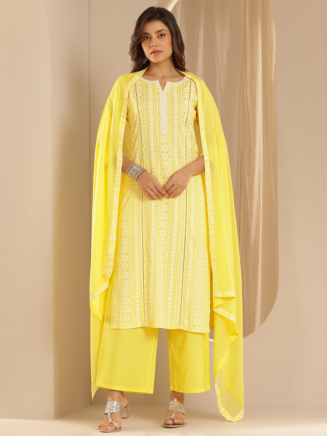 Yellow Printed Rayon Straight Suit Set With Dupatta