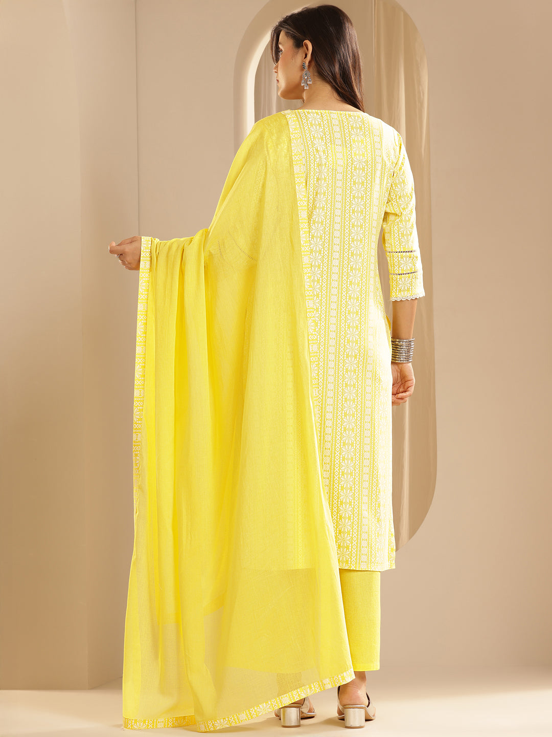Yellow Printed Rayon Straight Suit Set With Dupatta