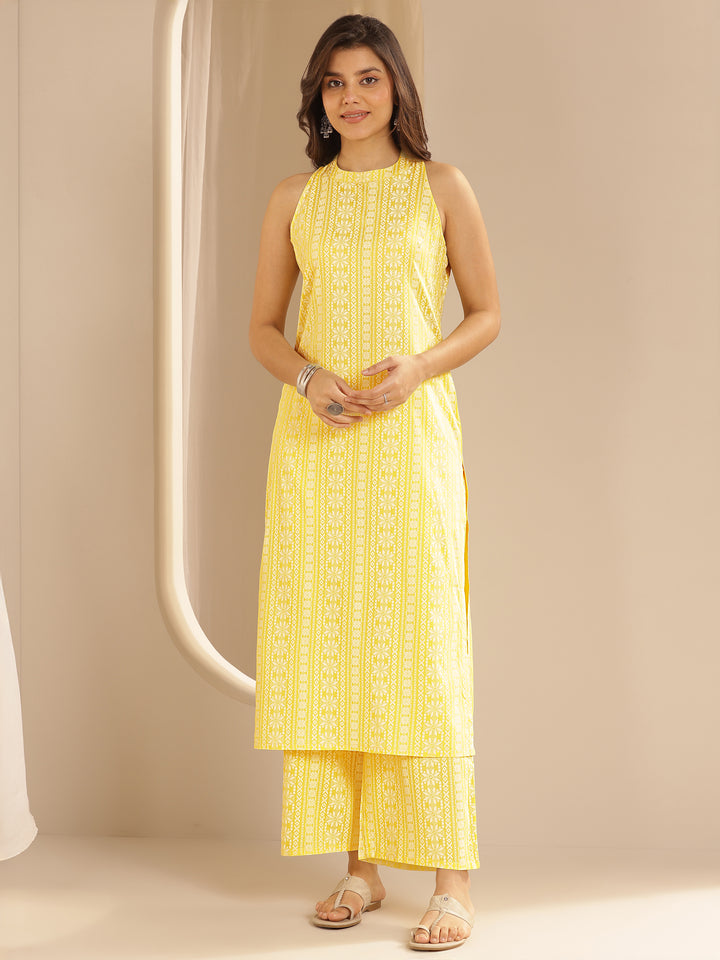 Yellow Printed Rayon Straight Kurta Set