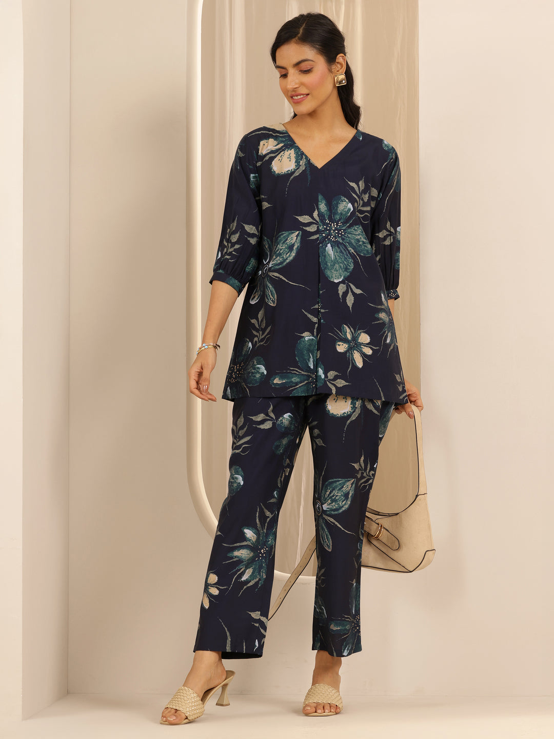Navy Blue Printed Silk Blend Co-Ord Sets