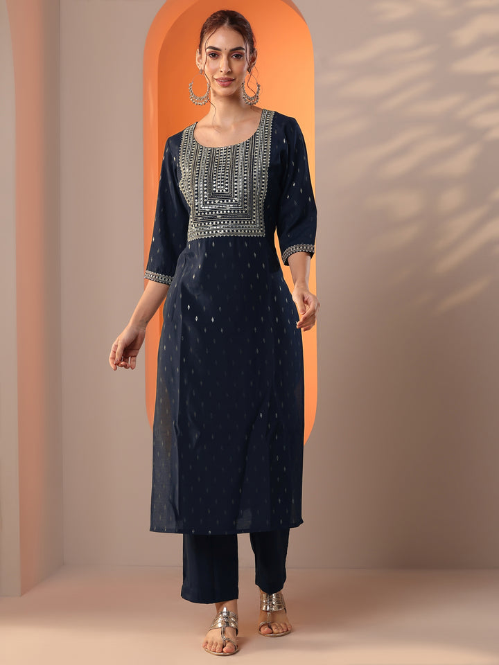 Navy Blue Embellished Silk Blend Straight Kurta Set