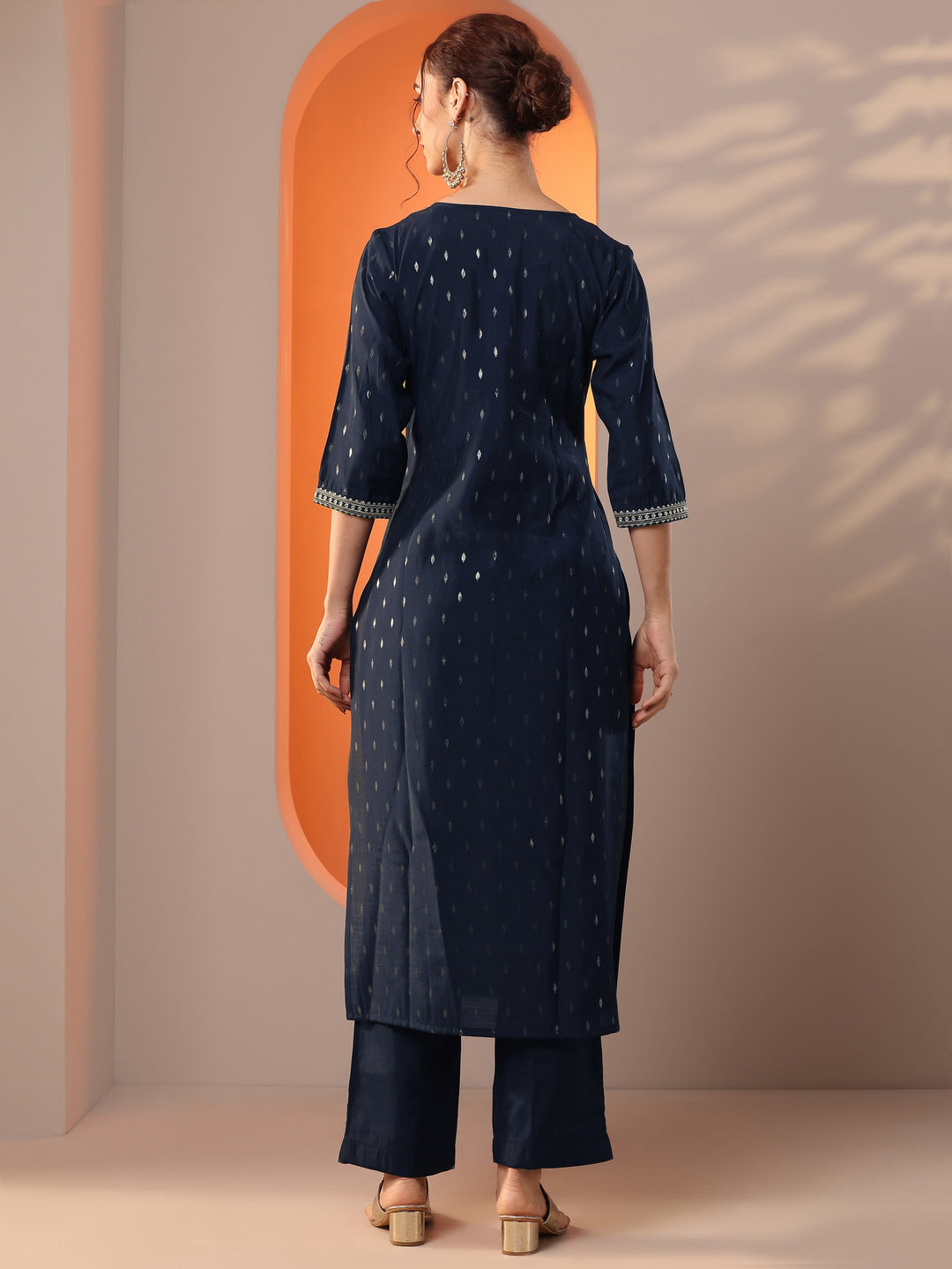 Navy Blue Embellished Silk Blend Straight Kurta Set