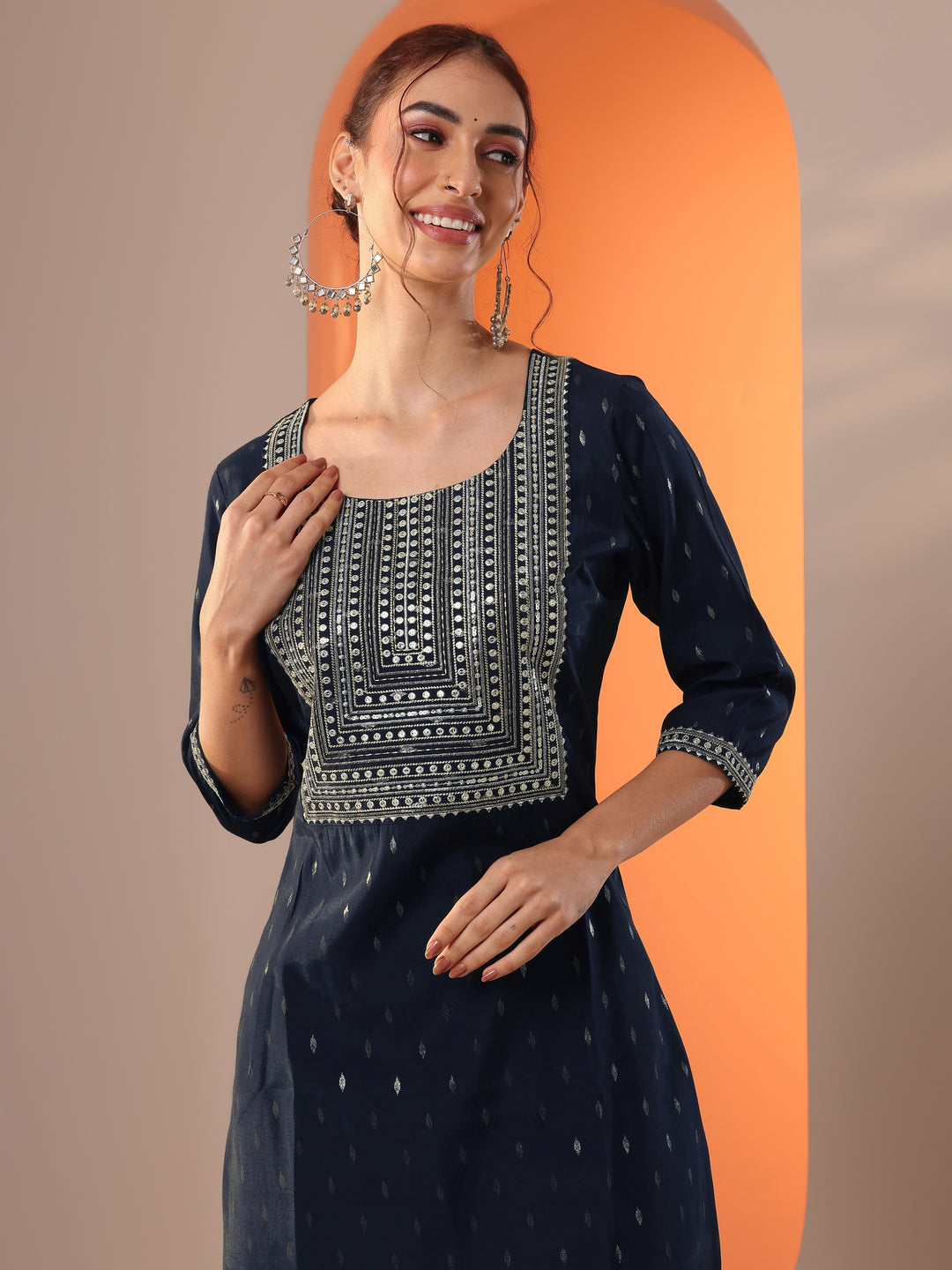 Navy Blue Embellished Silk Blend Straight Kurta Set