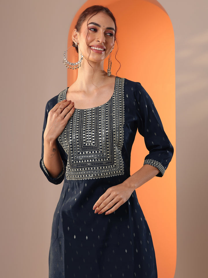 Navy Blue Embellished Silk Blend Straight Kurta Set