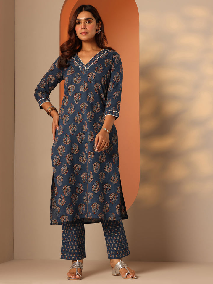 Blue Printed Cotton Straight Kurta Set