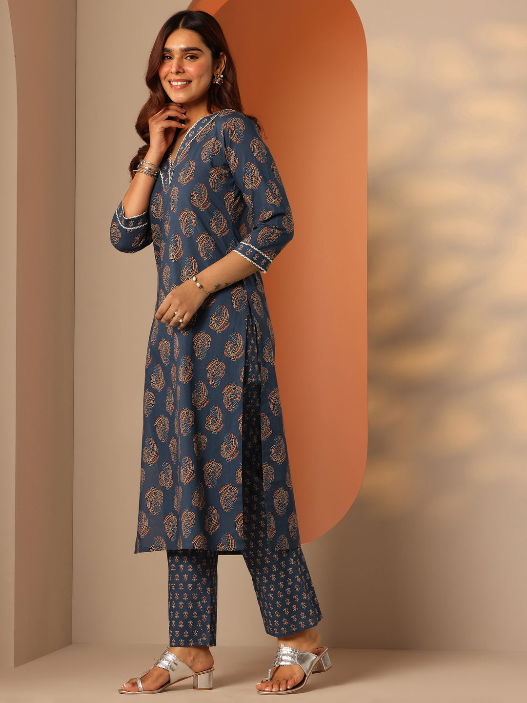 Blue Printed Cotton Straight Kurta Set