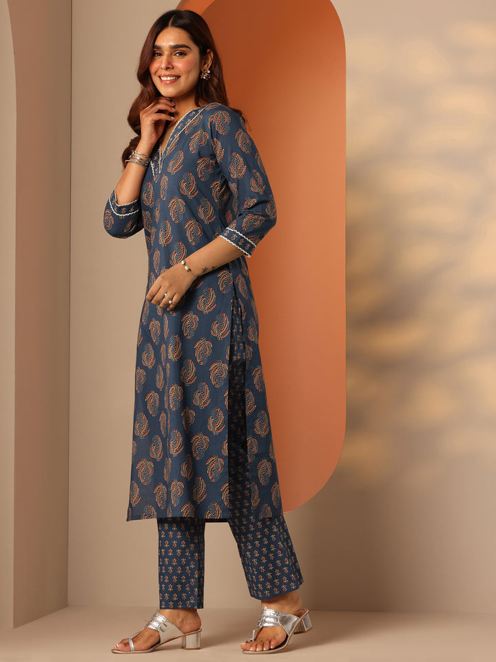 Blue Printed Cotton Straight Kurta Set