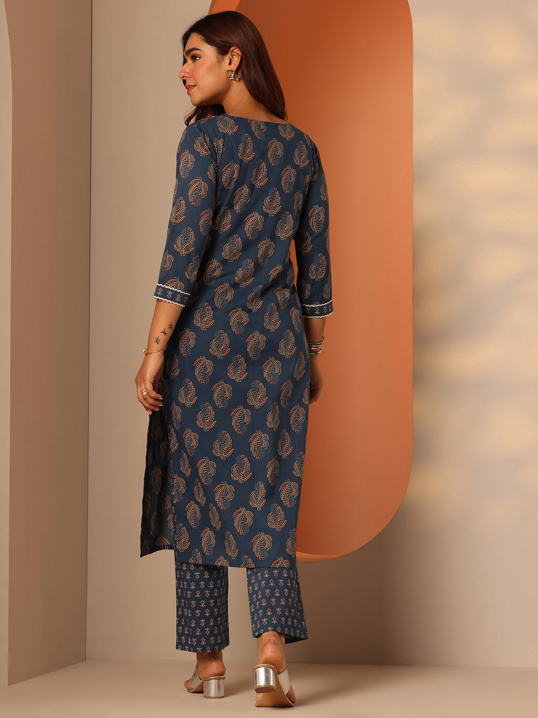 Blue Printed Cotton Straight Kurta Set
