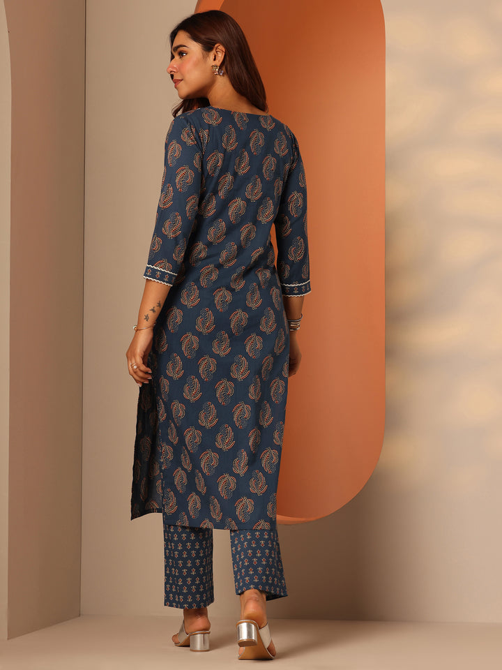 Blue Printed Cotton Straight Kurta Set