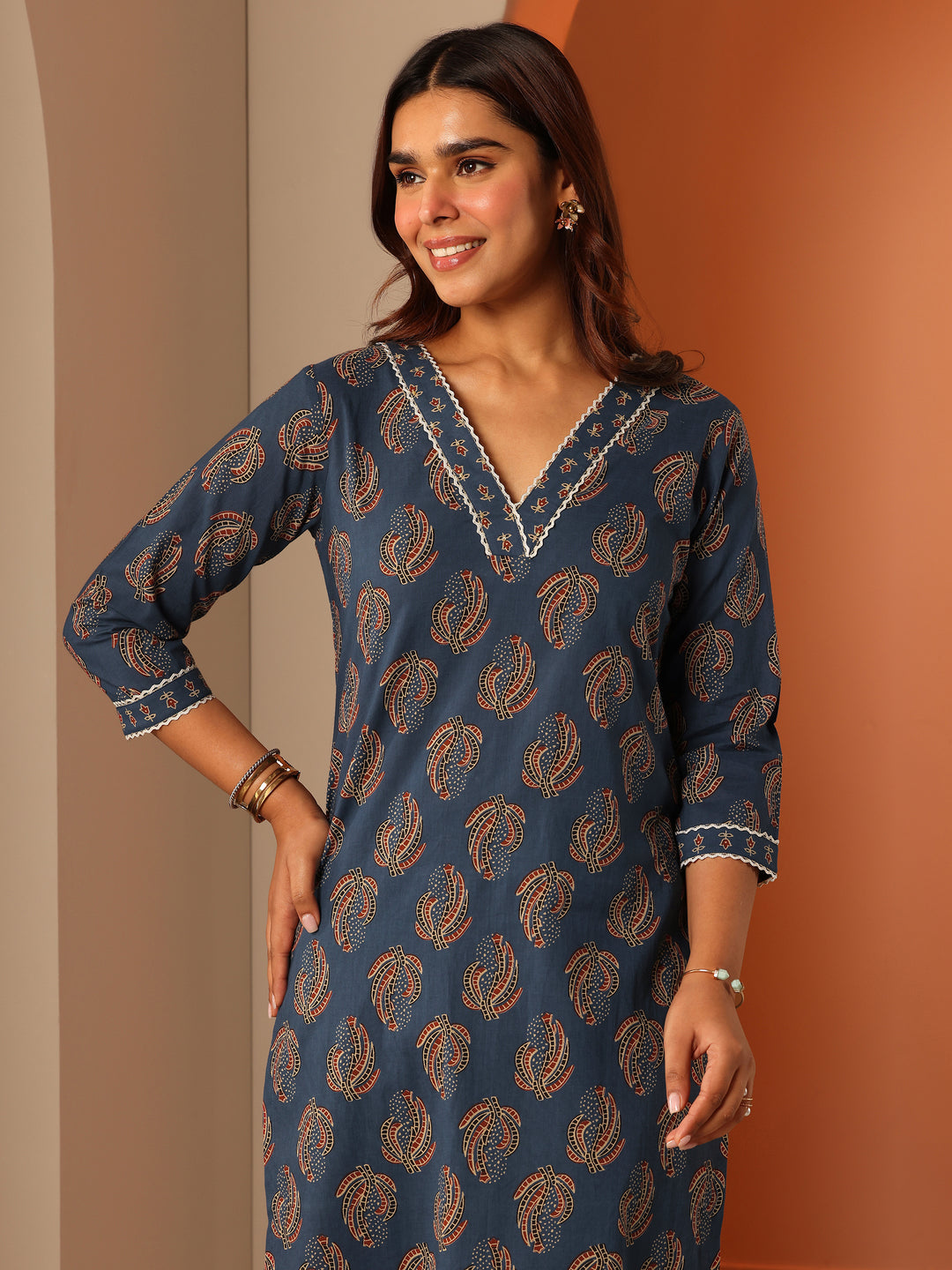 Blue Printed Cotton Straight Kurta Set