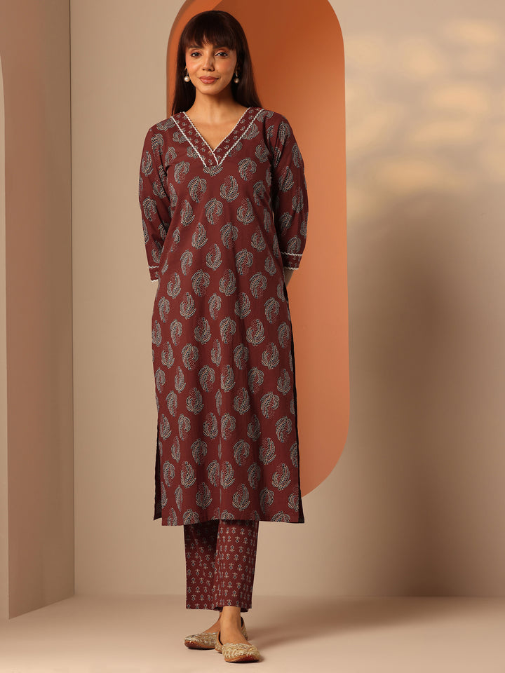 Maroon Printed Cotton Straight Kurta Set