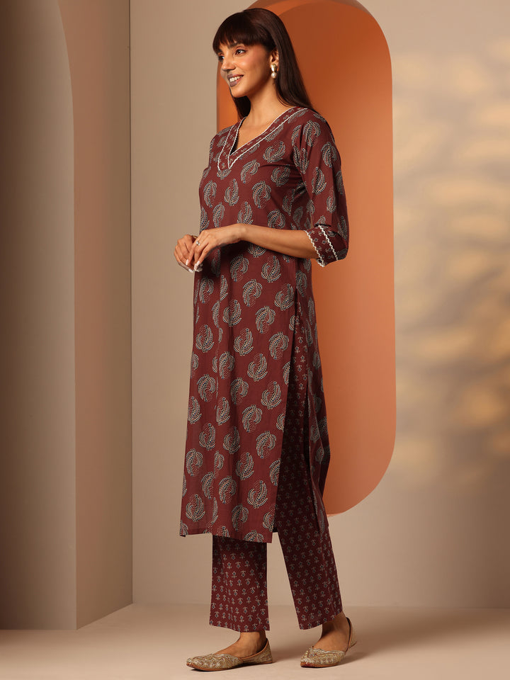 Maroon Printed Cotton Straight Kurta Set