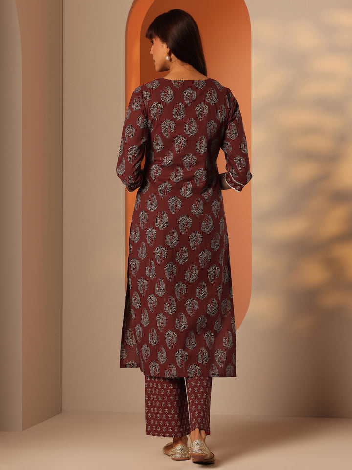 Maroon Printed Cotton Straight Kurta Set