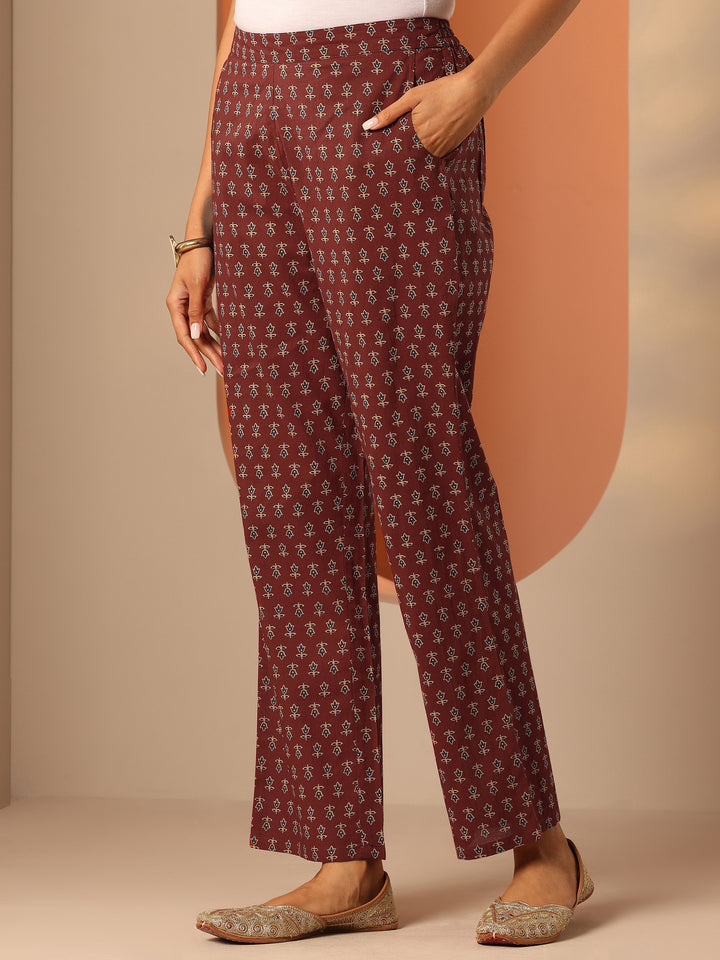 Maroon Printed Cotton Straight Kurta Set