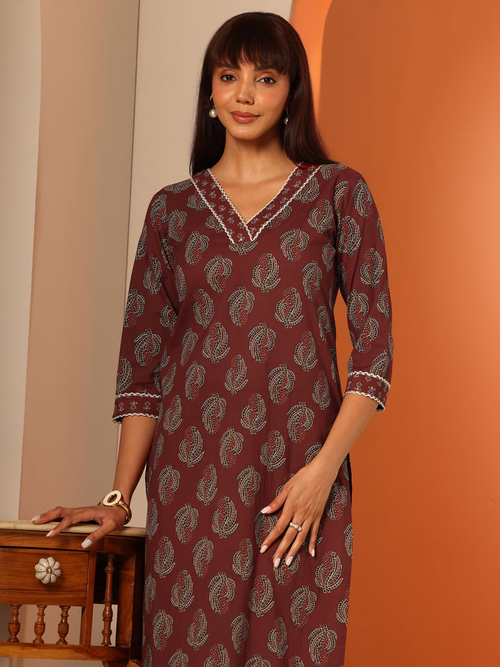 Maroon Printed Cotton Straight Kurta Set