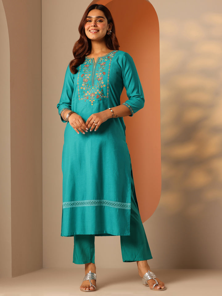 Turquoise Blue Embroidered Silk Blend Straight Kurta Set