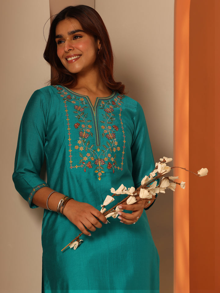 Turquoise Blue Embroidered Silk Blend Straight Kurta Set