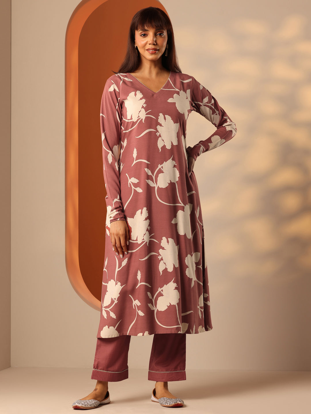 Brown Printed Rayon Straight Kurta Set
