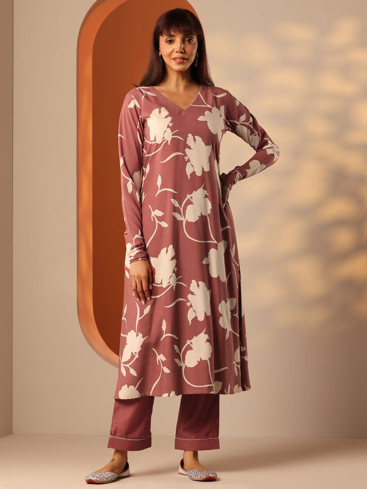 Brown Printed Rayon Straight Kurta Set