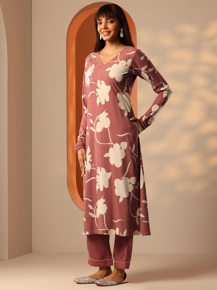 Brown Printed Rayon Straight Kurta Set