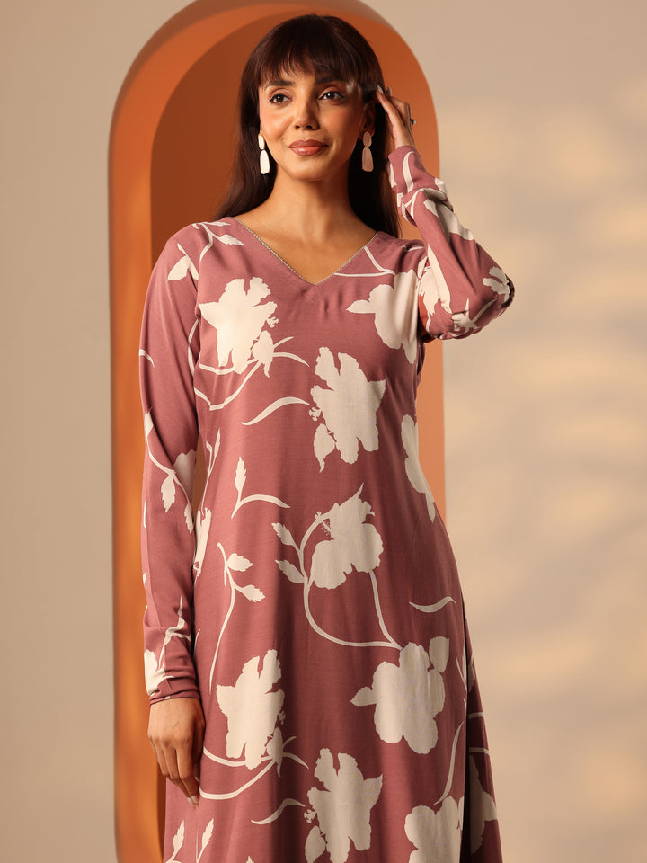 Brown Printed Rayon Straight Kurta Set