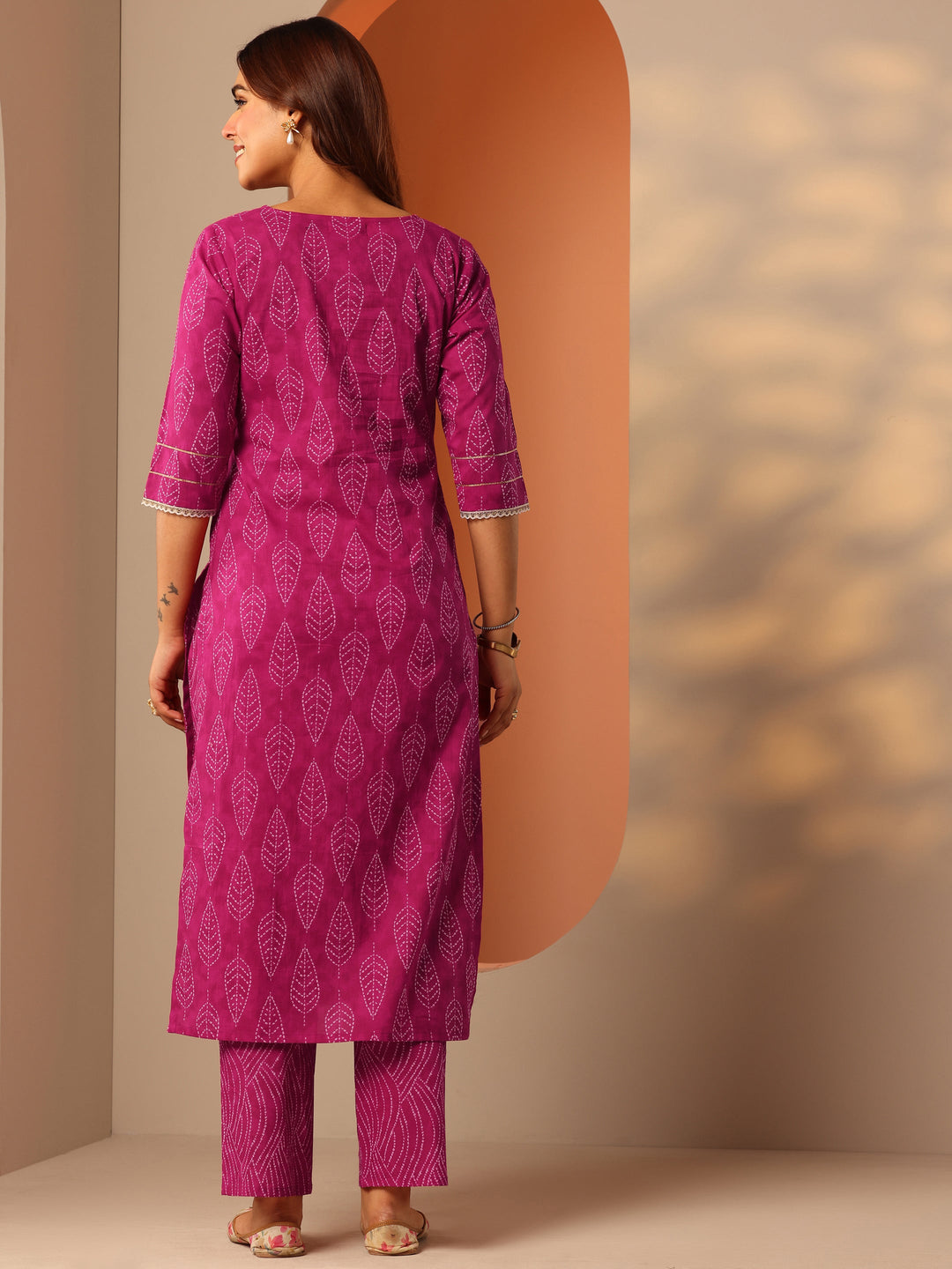 Pink Printed Cotton Straight Kurta Set