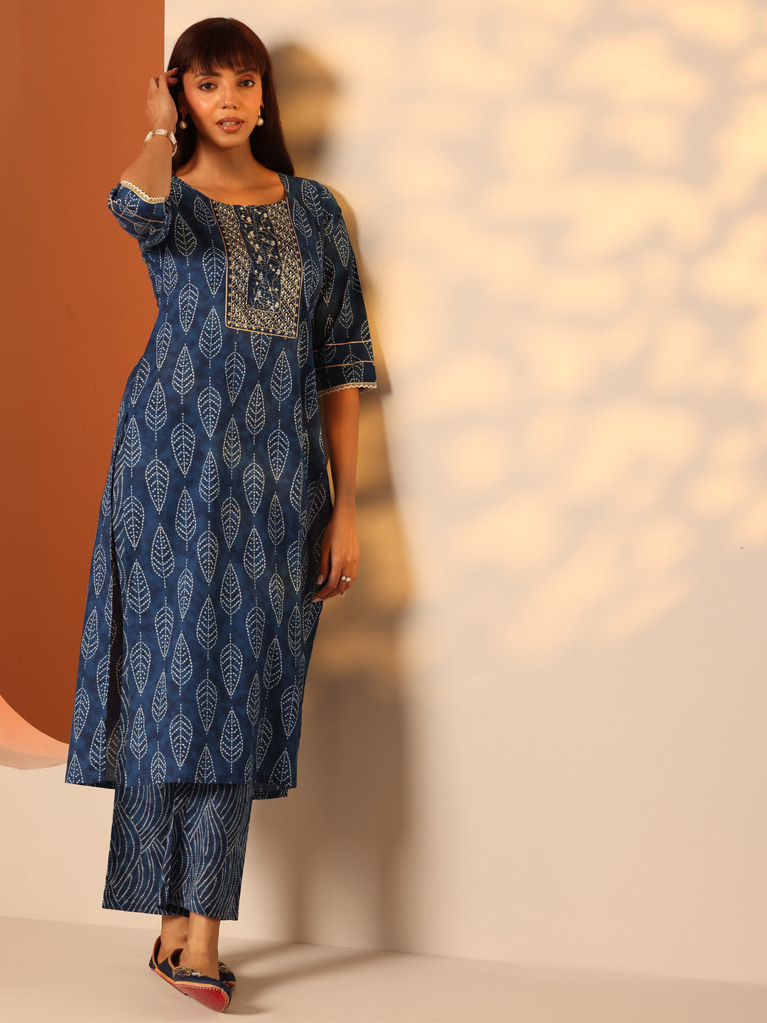 Blue Printed Cotton Straight Kurta Set