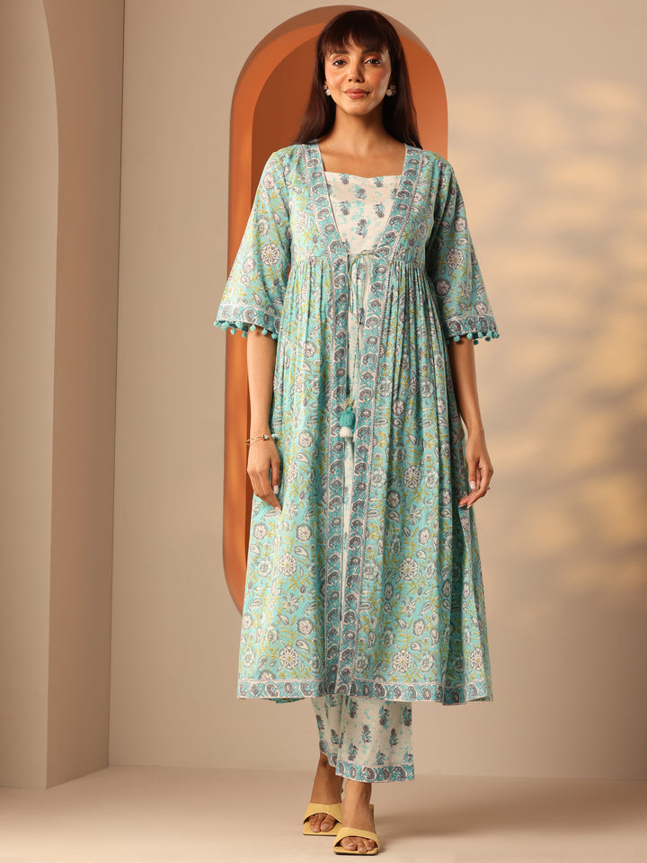 Blue Printed Cotton A-Line Suit Set With Jacket