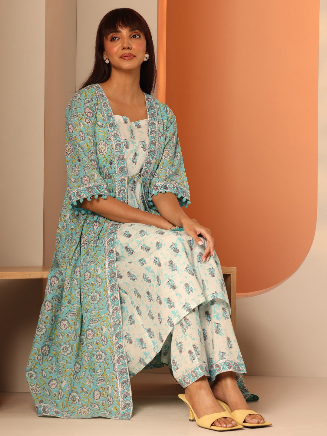 Blue Printed Cotton A-Line Suit Set With Jacket