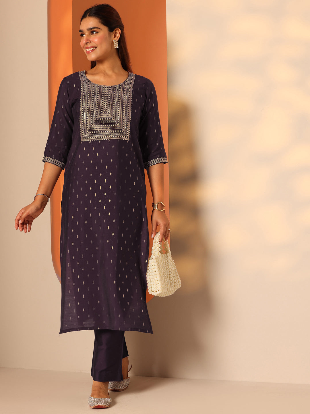 Burgundy Embellished Silk Blend Straight Kurta Set