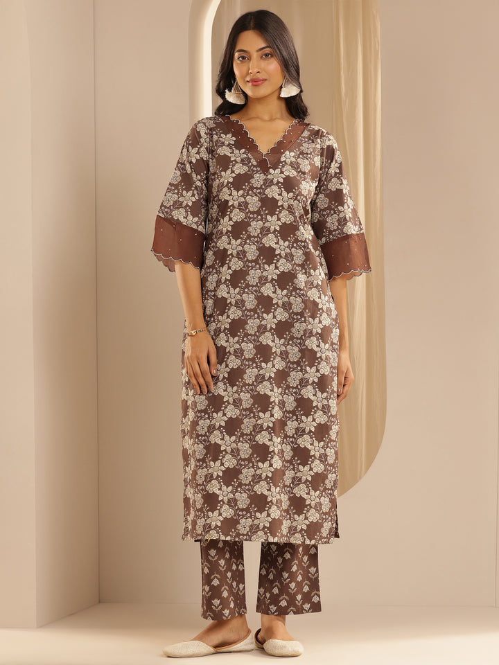 Brown Printed Cotton Straight Kurta Set
