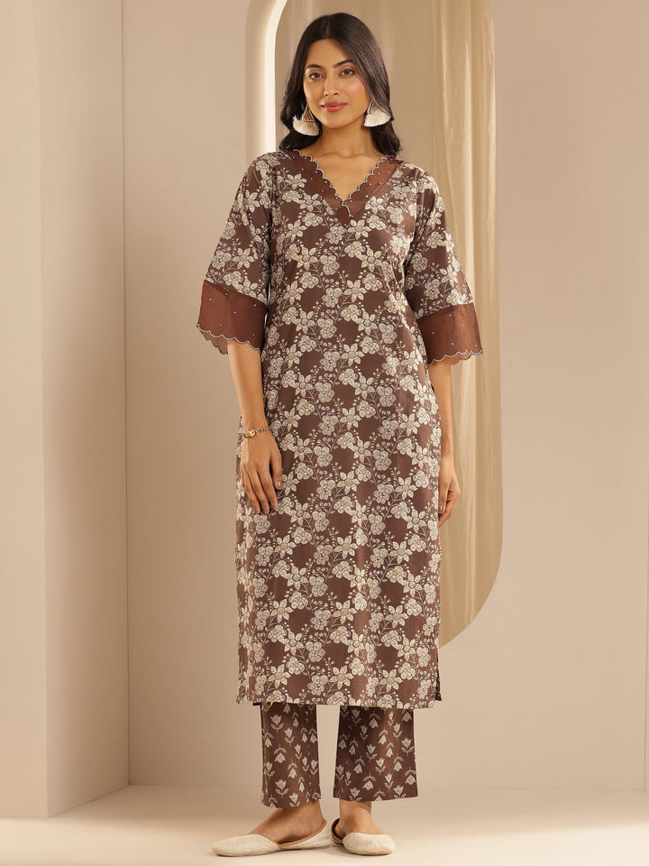 Brown Printed Cotton Straight Kurta Set